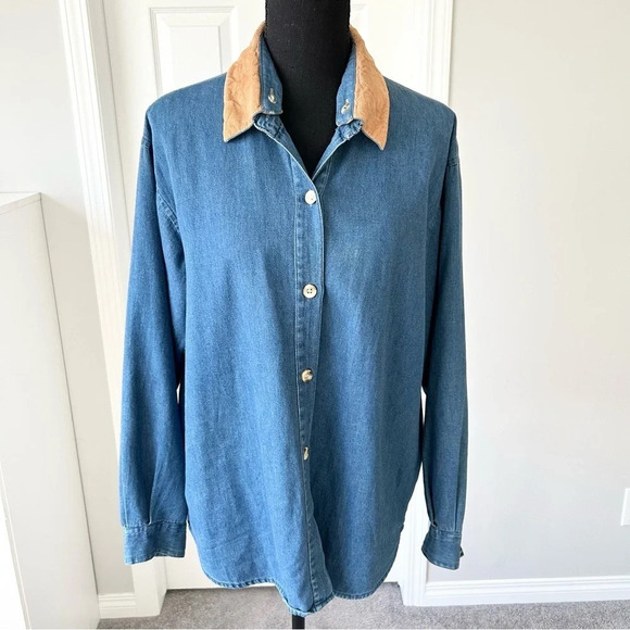 Vintage 90s Rhythm  Blue Removable Embroidery Collar Chambray Button Down Shirt - Picture 2 of 16